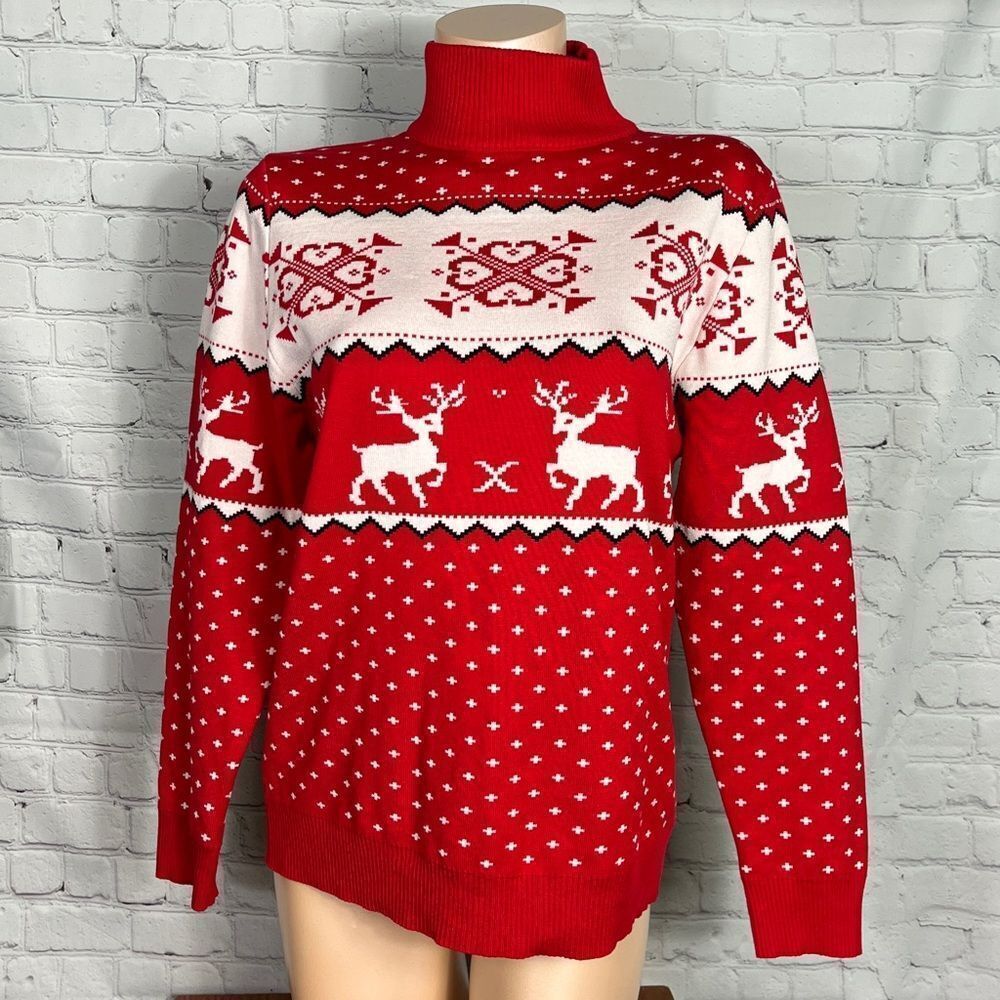 Abollria Red Turtleneck Fair Isle Holiday Reindeer Sweater Knit Size L